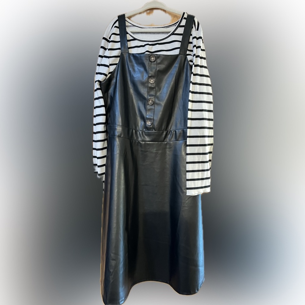 Black Faux Leather Dress with Striped Top